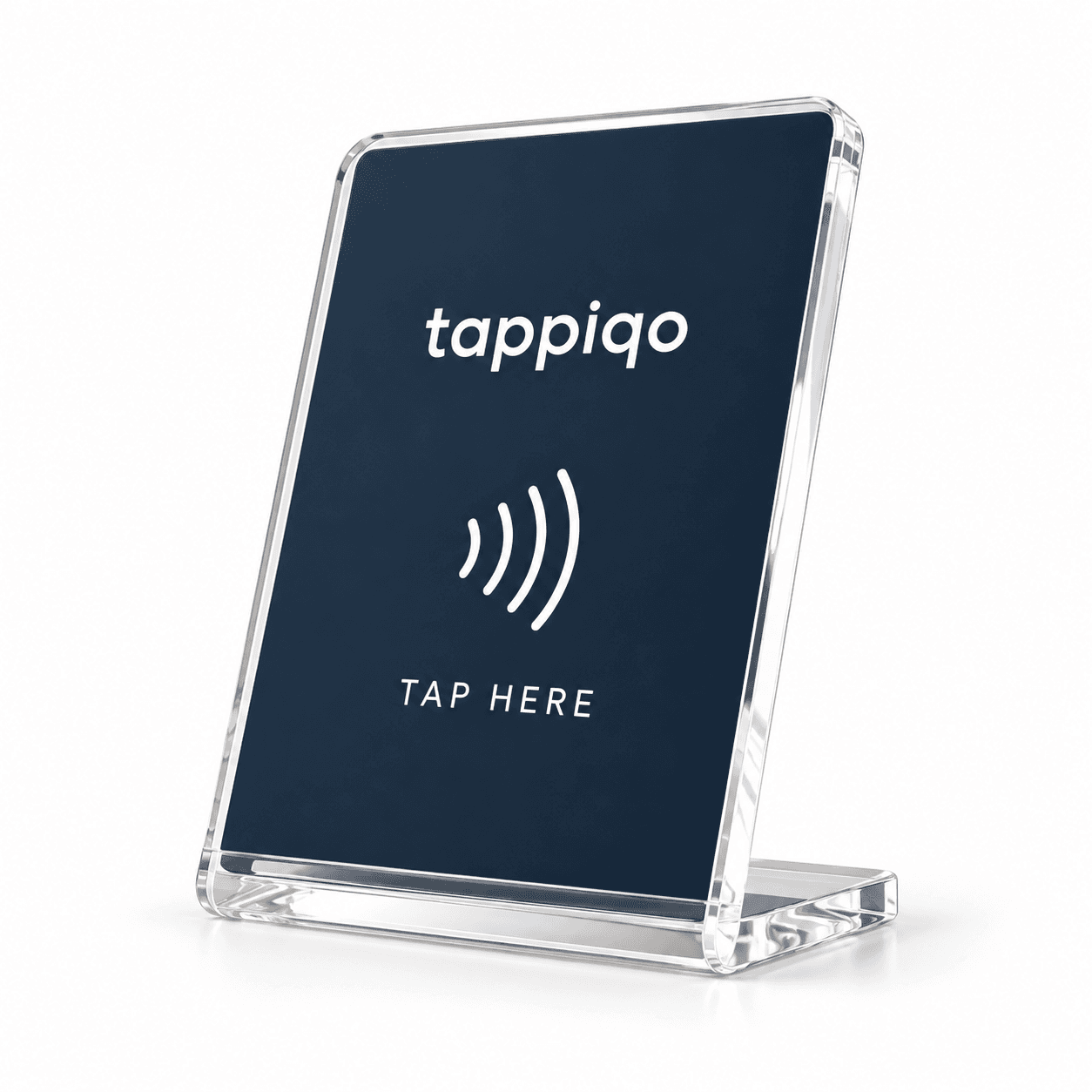 Tappiqo NFC stand design concept with a clear acrylic base and navy tap target